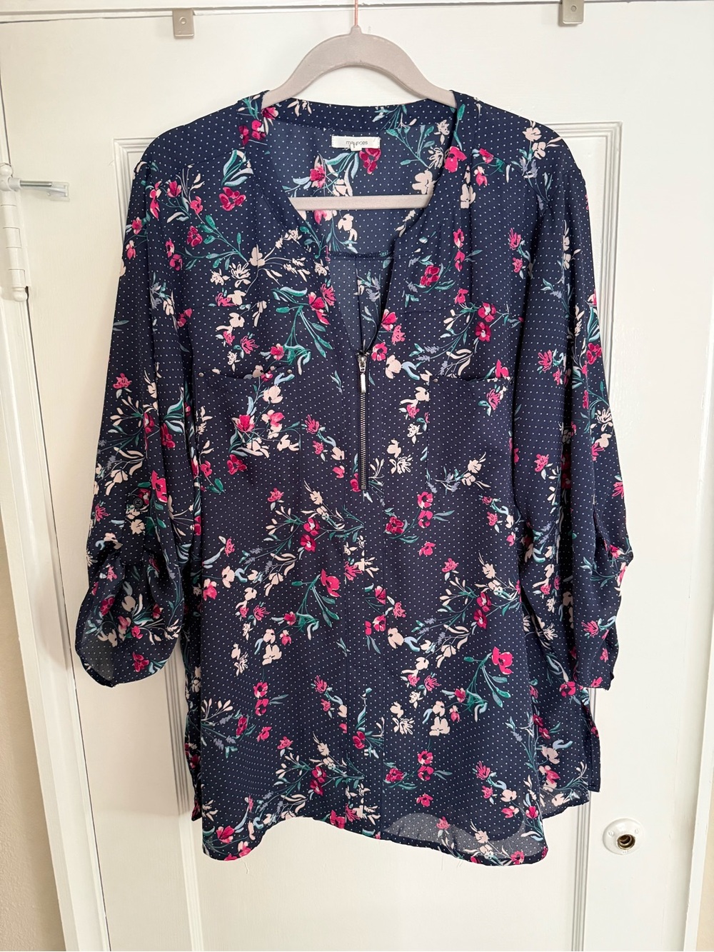 Maurices Navy Floral Split-Neck Tunic with Pink and Cream Accents